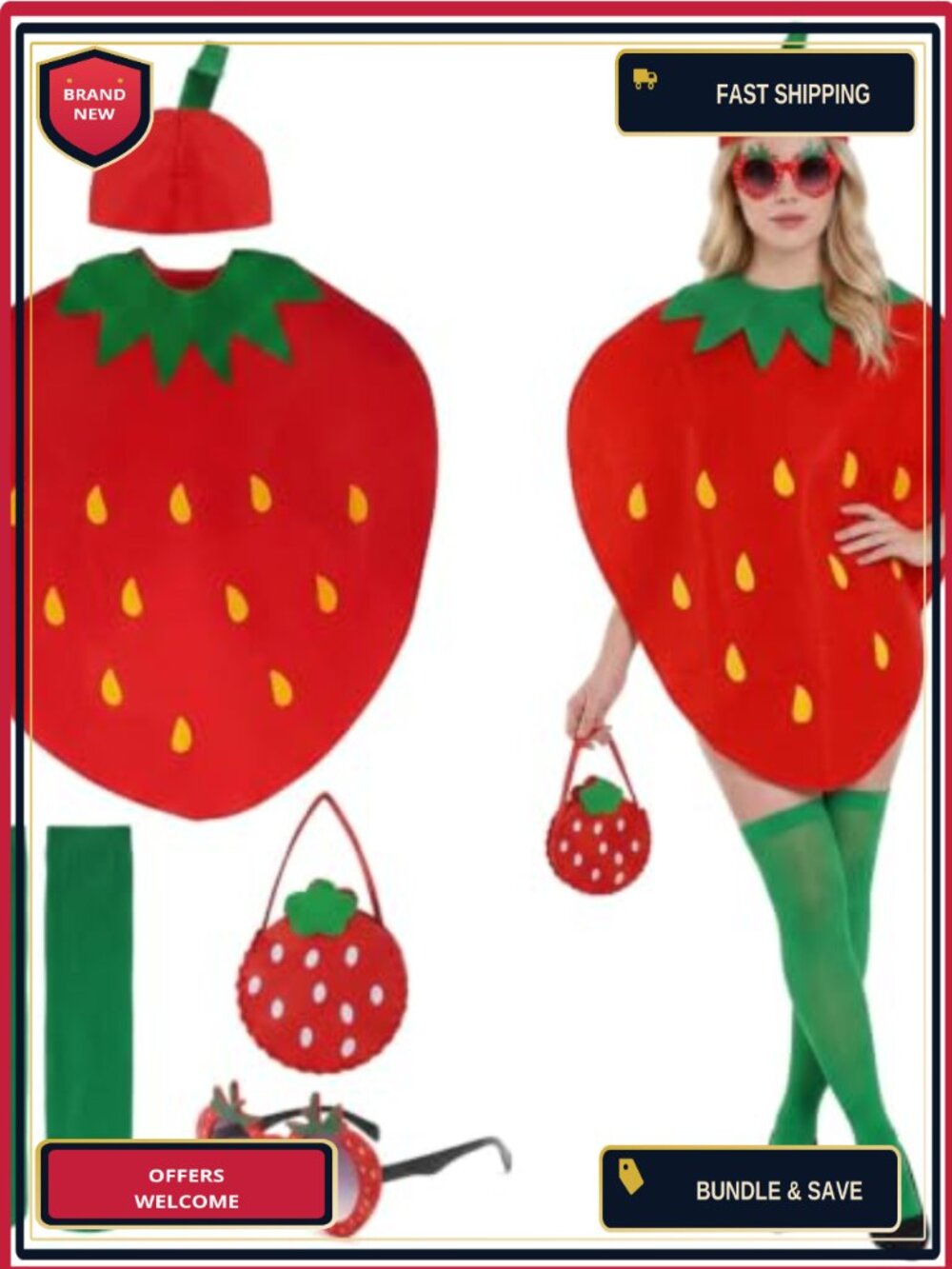 5PCS Strawberry Costume Set Adult Halloween Cosplay Dress Hat Socks Bag Glasses